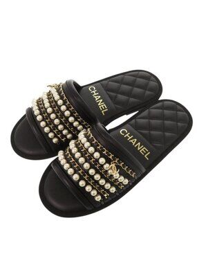 Chanel CC Logo Flat Sandals with Chain XS Gold Leather
